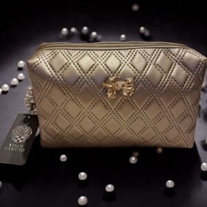 NWT Vince Camuto Champagne Quilted Cosmetic Case With Pearl Zipper Pull